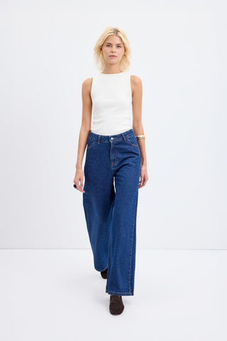 High Waist Wide Leg Gabardine Trousers Dark Blue