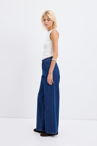 High Waist Wide Leg Gabardine Trousers Dark Blue
