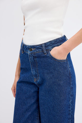 High Waist Wide Leg Gabardine Trousers Dark Blue