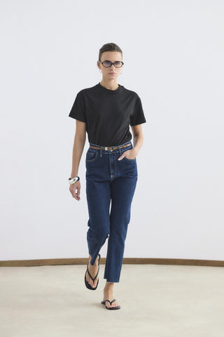High Waisted Cropped Flared Jeans Dark Blue