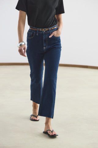 High Waisted Cropped Flared Jeans Dark Blue