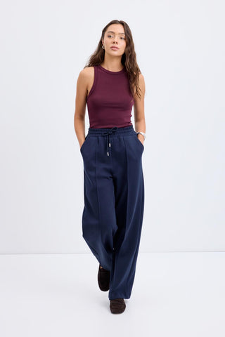 High Waist Pleated Stitch Trousers Navy Blue