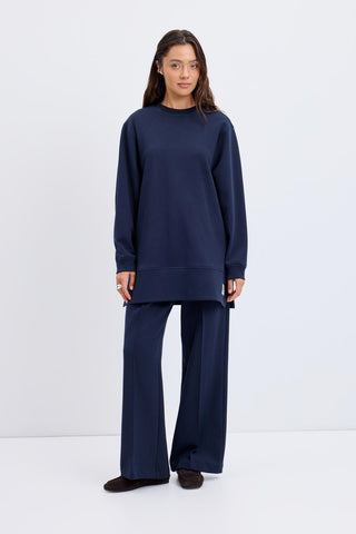 High Waist Pleated Stitch Trousers Navy Blue