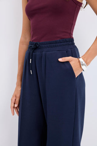 High Waist Pleated Stitch Trousers Navy Blue