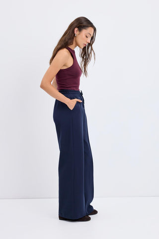 High Waist Pleated Stitch Trousers Navy Blue