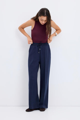 High Waist Pleated Stitch Trousers Navy Blue