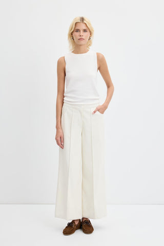 High Waist Pleated Stitch Leather Trousers Ecru