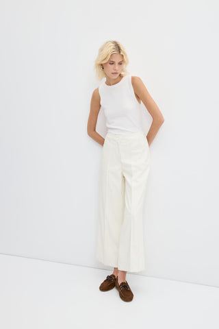 High Waist Pleated Stitch Leather Trousers Ecru