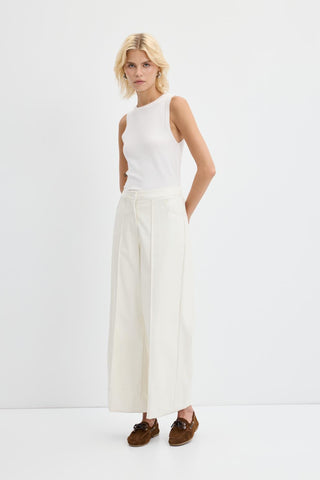 High Waist Pleated Stitch Leather Trousers Ecru