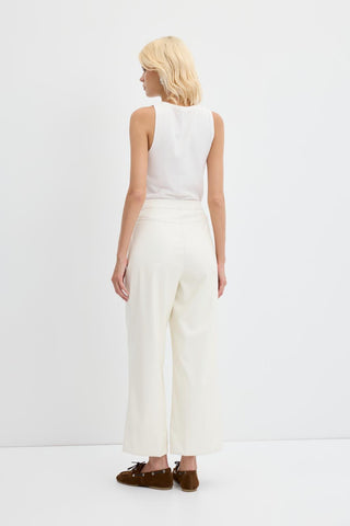 High Waist Pleated Stitch Leather Trousers Ecru