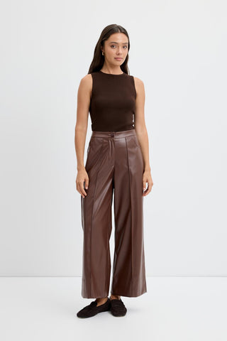 High Waist Pleated Stitch Leather Trousers Brown