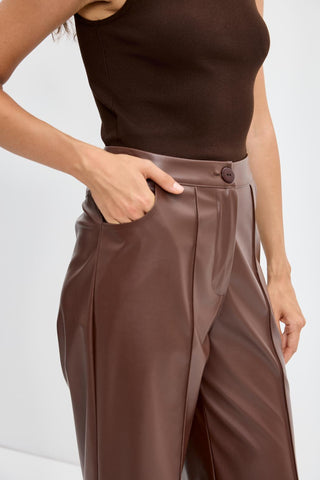 High Waist Pleated Stitch Leather Trousers Brown