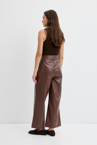 High Waist Pleated Stitch Leather Trousers Brown