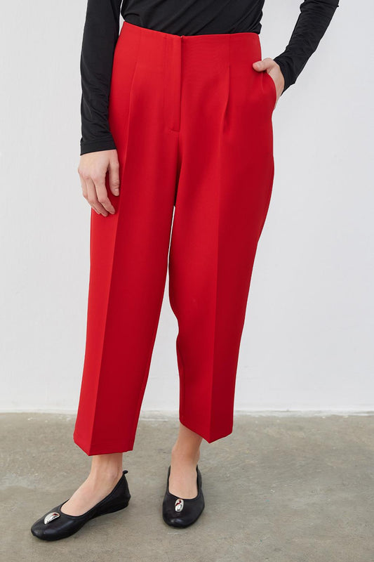 High Waist Dart Detailed Trousers Red