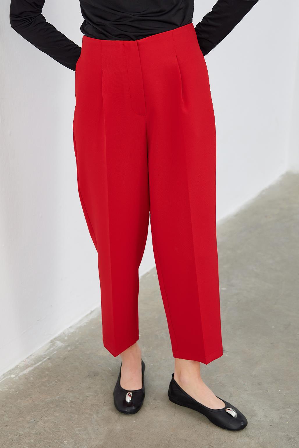 High Waist Dart Detailed Trousers Red