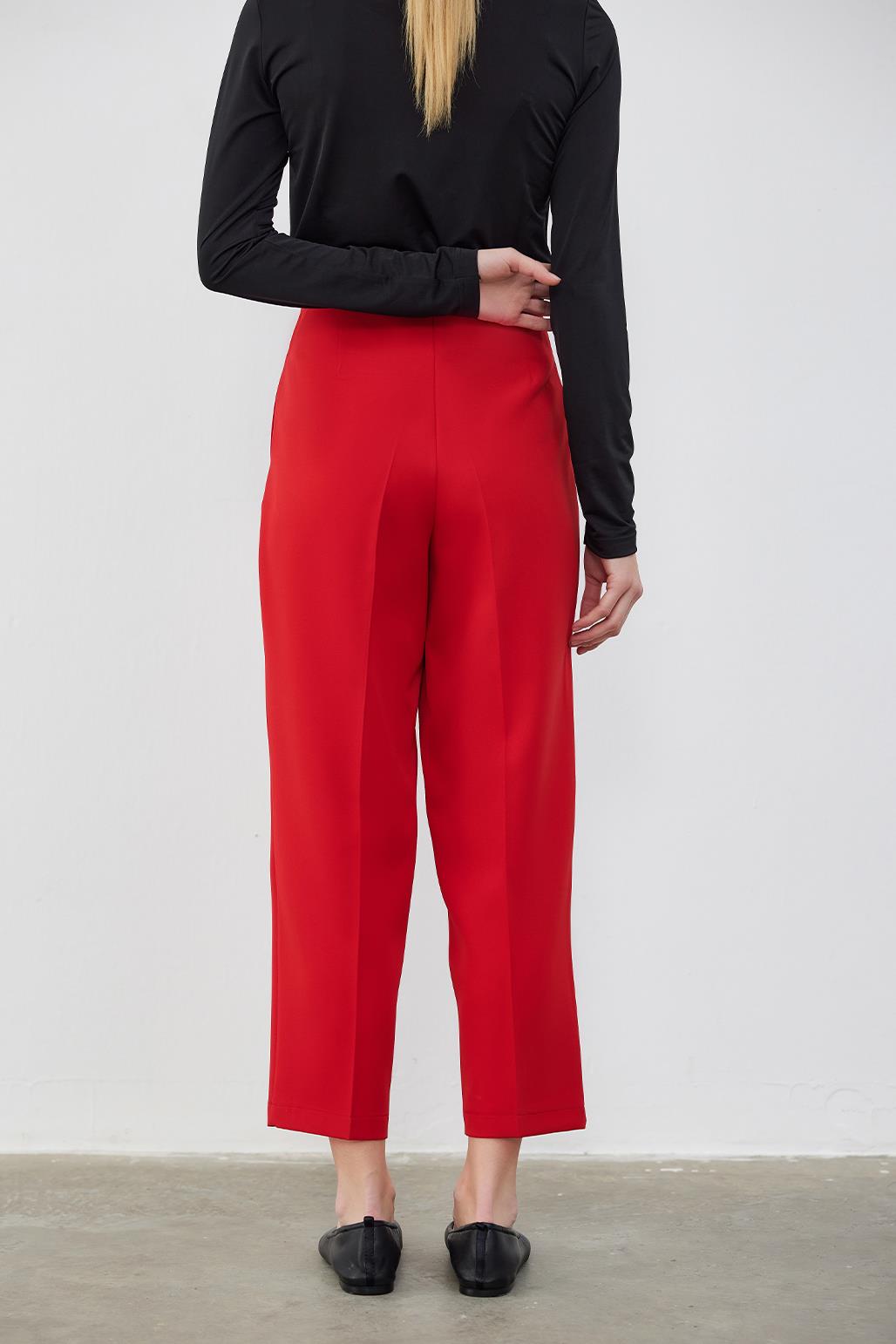 High Waist Dart Detailed Trousers Red