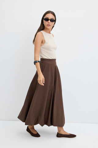 High Waist Pleated Balloon Skirt Brown