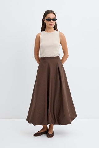 High Waist Pleated Balloon Skirt Brown