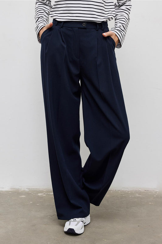 High Waisted Pleated Palazzo Trousers Navy Blue