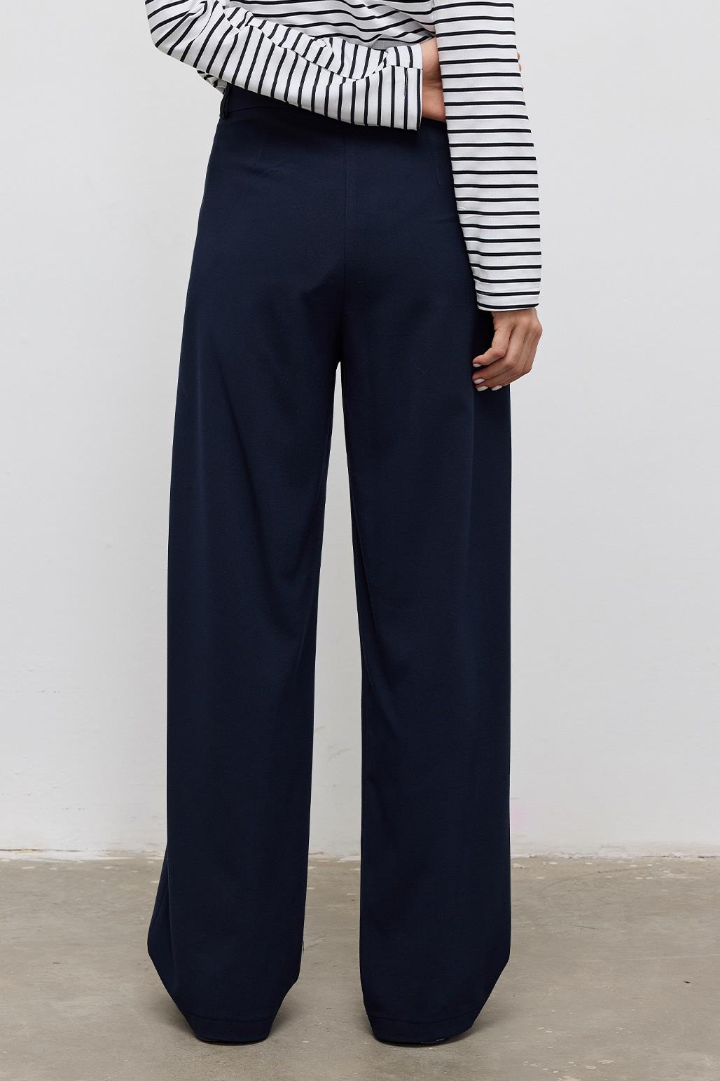 High Waisted Pleated Palazzo Trousers Navy Blue