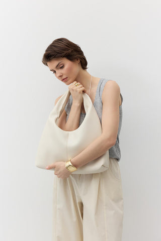 Soft Textured Leather Tote Bag Ecru