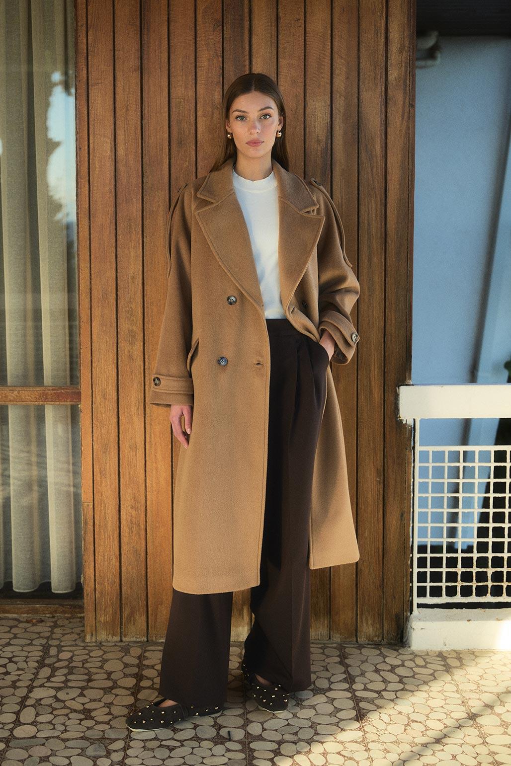 Wool Blend Long Coat Camel