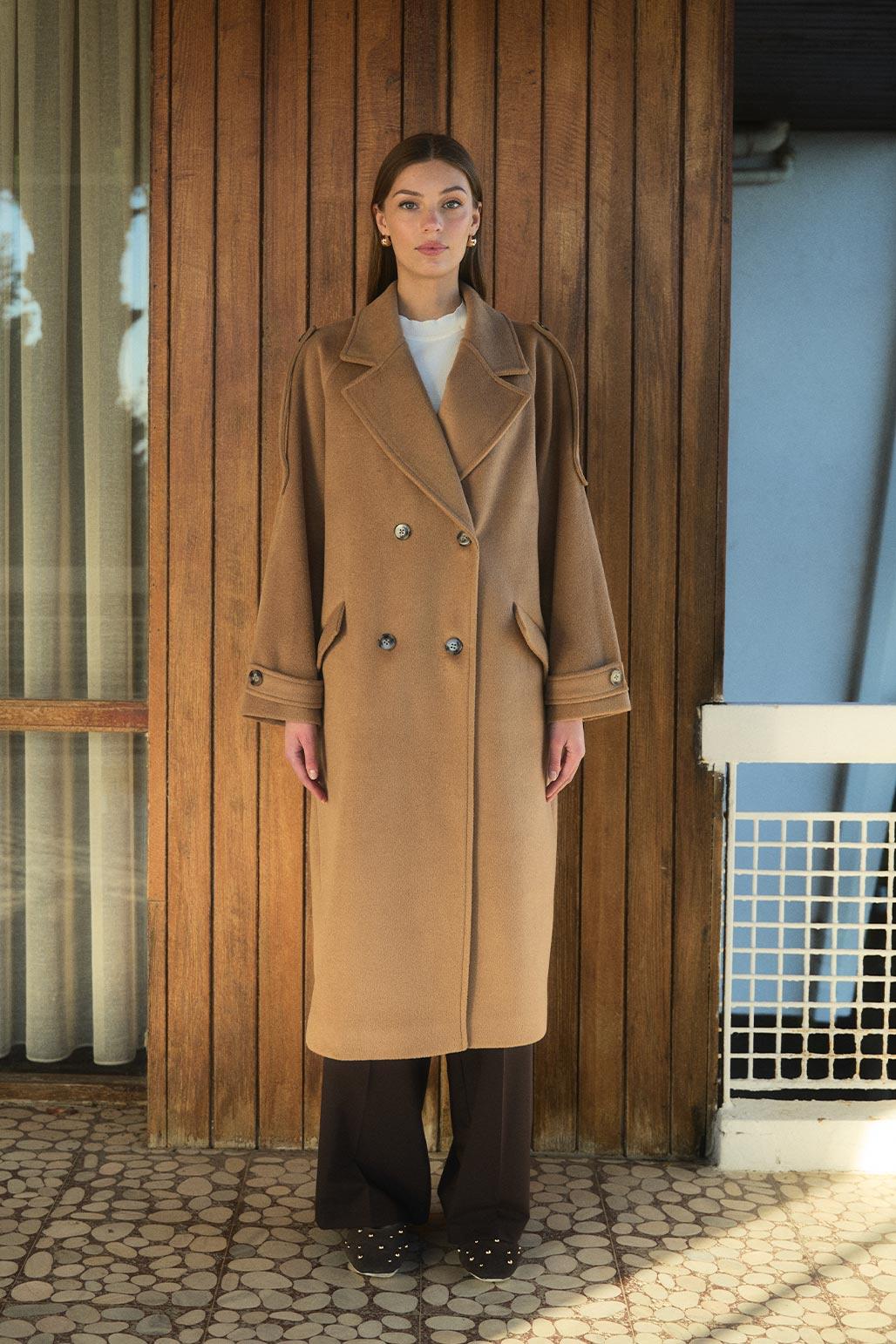 Wool Blend Long Coat Camel