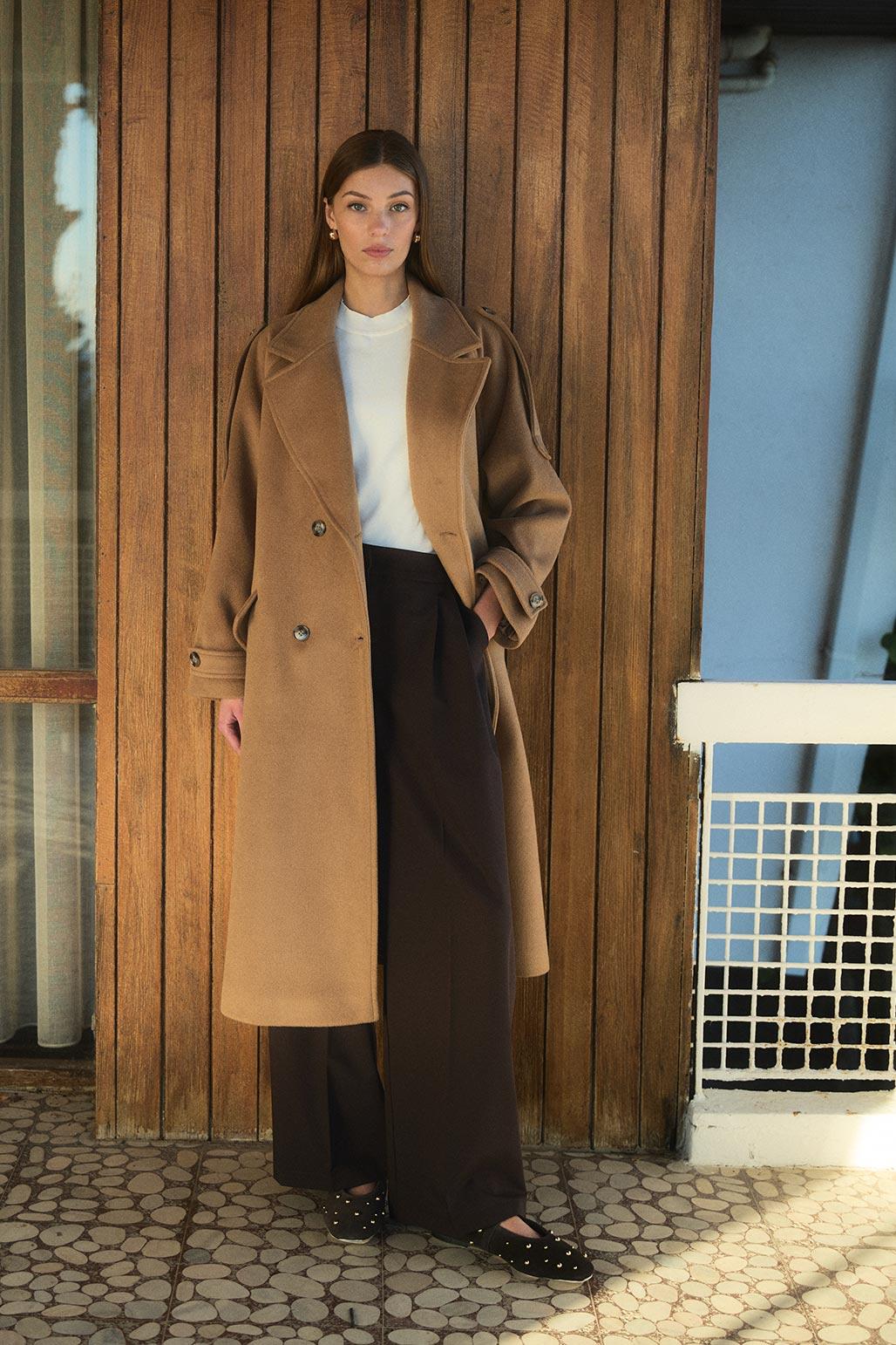 Wool Blend Long Coat Camel