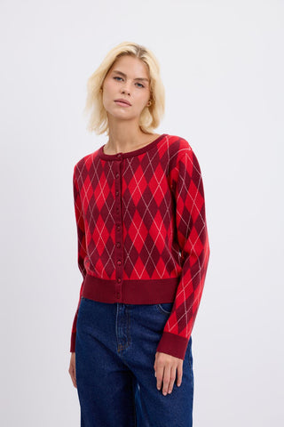 Round Neck Diamond-Pattern Knit Cardigan Burgundy