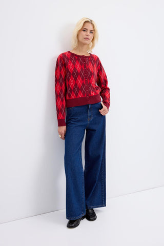 Round Neck Diamond-Pattern Knit Cardigan Burgundy