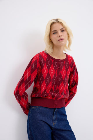 Round Neck Diamond-Pattern Knit Cardigan Burgundy