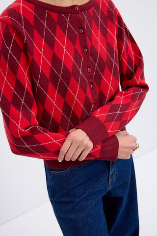 Round Neck Diamond-Pattern Knit Cardigan Burgundy