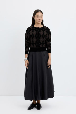 Round Neck Diamond-Pattern Knit Cardigan Black