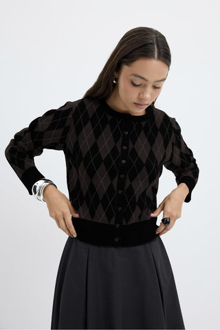 Round Neck Diamond-Pattern Knit Cardigan Black