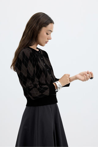Round Neck Diamond-Pattern Knit Cardigan Black