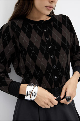 Round Neck Diamond-Pattern Knit Cardigan Black