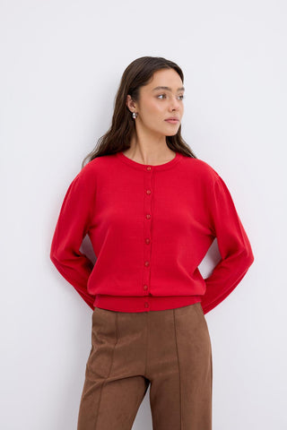 Round Neck Buttoned Knit Cardigan Red