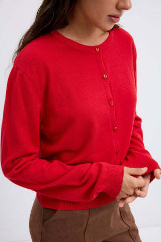 Round Neck Buttoned Knit Cardigan Red