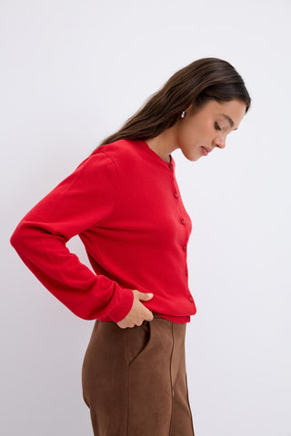 Round Neck Buttoned Knit Cardigan Red