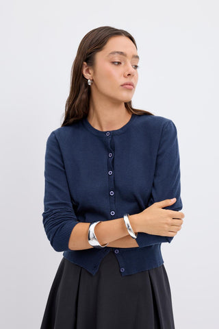 Round Neck Buttoned Knit Cardigan Navy Blue