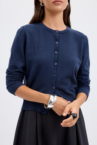 Round Neck Buttoned Knit Cardigan Navy Blue