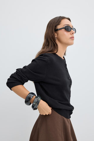 Round Neck Buttoned Knit Cardigan Black