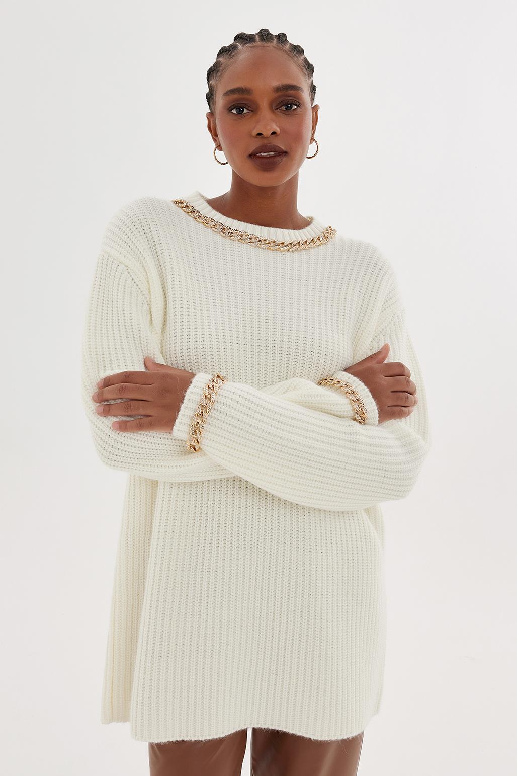 Knitwear Sweater With Chain Embroidery Ecru