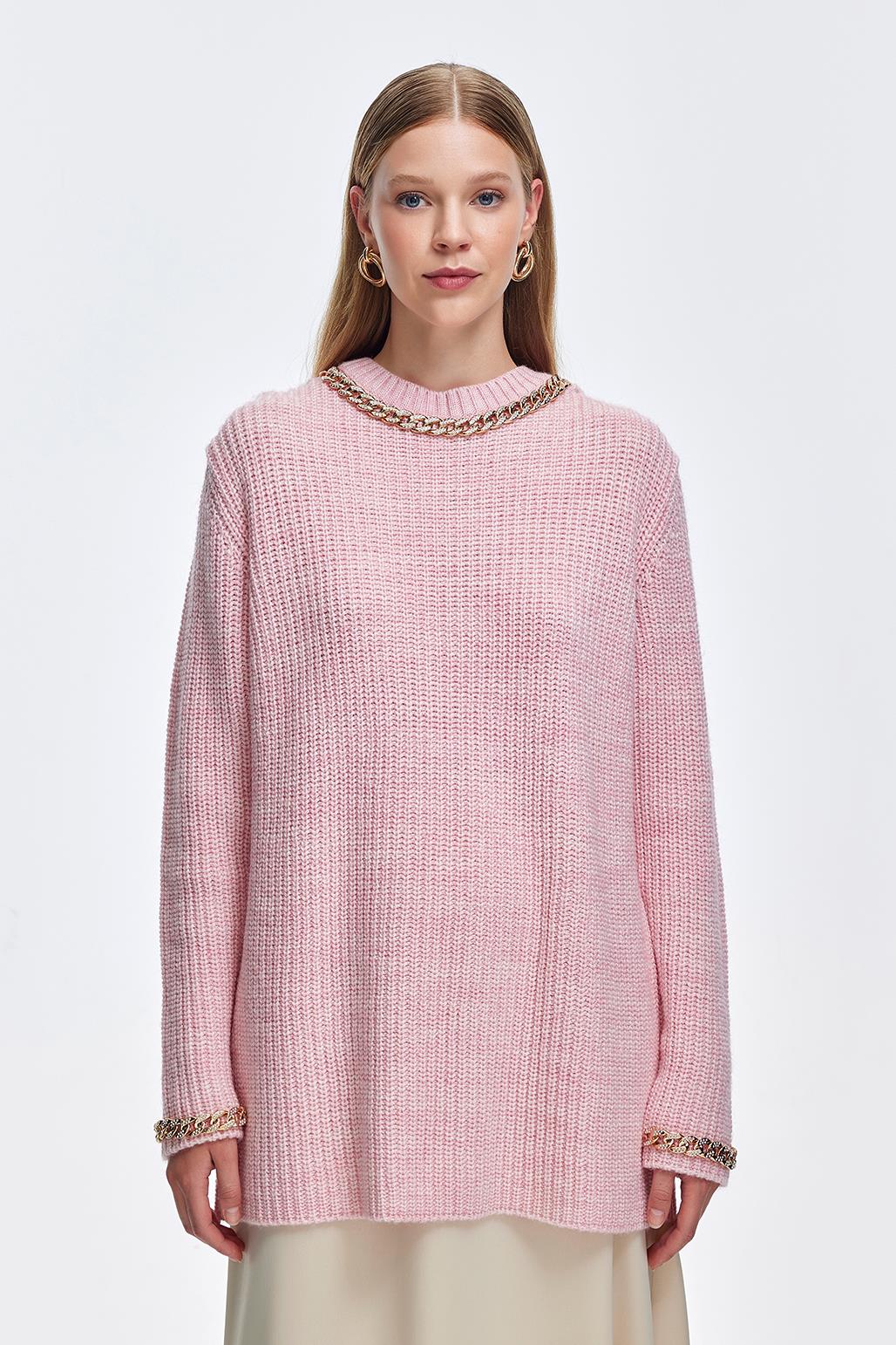 Knitwear Sweater With Chain Embroidery Pink