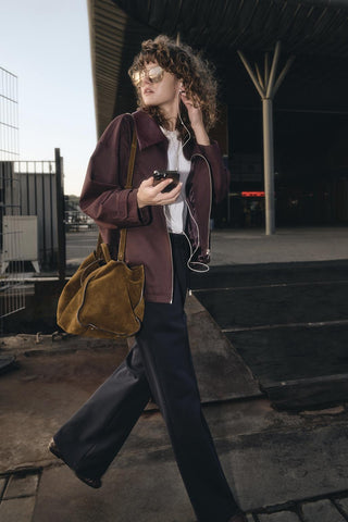 Zip-Up Leather Collar Jacket Plum