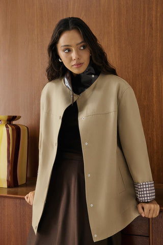 Contrast Collar Checked Lined Jacket Stone