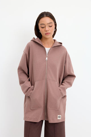 Zippered Kangaroo Pocket Cardigan Dusty Brown