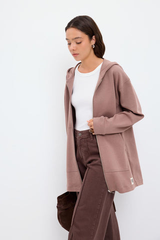 Zippered Kangaroo Pocket Cardigan Dusty Brown