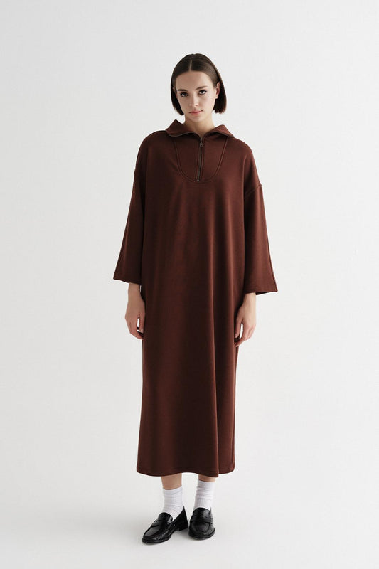 Zippered Long Knitted Dress Brown