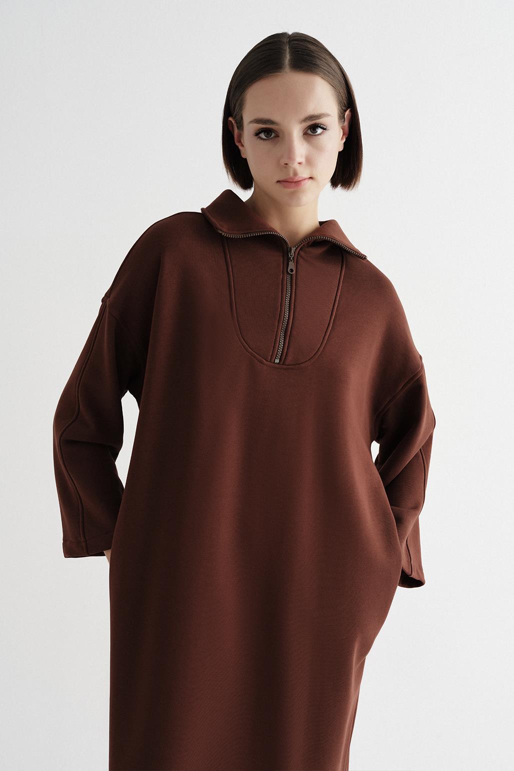 Zippered Long Knitted Dress Brown